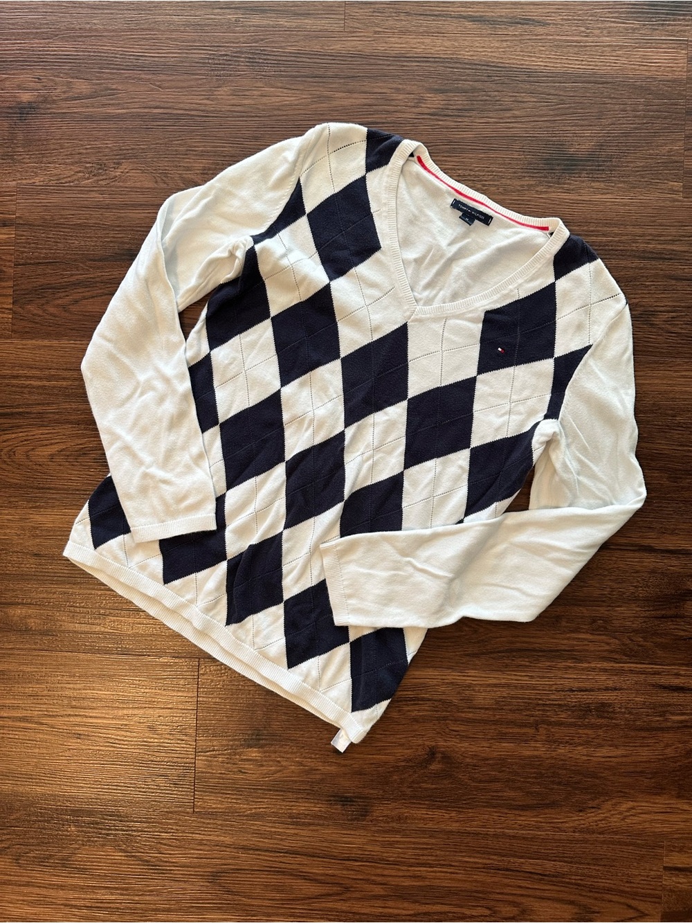 Tommy Hilfiger White & Navy Argyle V-Neck Sweater